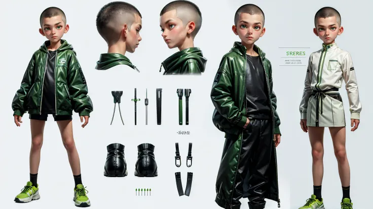 cute face boy, cute face, short height boy, wearing casual futuristic green color pent, green  dress, full standing pose, Buzz Cut white color  hairs, Buzz Cut white color  hairs, sports shoes, Character Sheet, 12 yo student, Full body, Simple white backgr...