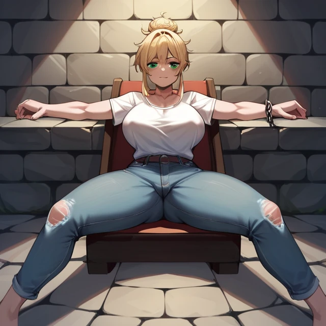 score_9, score_8_up, score_7_up, score_6_up, score_5_up, score_4_up, source_アニメ, 1girl, blonde hair, hair bun, green eyes, w-w-chain, spread arms, messy hair, white shirt, jeans pants, dungeon, best quality, best res, 4k uhd,
 Very fat girl、Big Breasts、