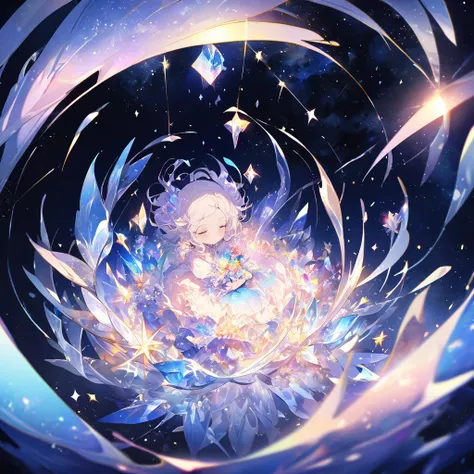 the crystal girl curled up in the center of the picture，surrounded by space and stardust