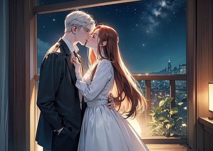 (Best Quality Detailed Image Beautiful Photorealistic Spectacular Night Image 8K 1:1) ((A girl kisses a man under a tree at starry night)), (digital art digital illustration) (camera focused on face) (cool colors dim lighting) Manhwa Art (red hair man) (ve...