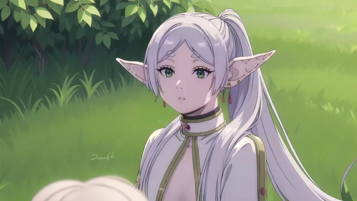 to freeze, to freeze, long hair, ponytail, (green eyes:1.5), White hair, pointed ears, elf, very feminine, shows bare chest, naked грудь, very sexy, naked грудь, naked, elastic, nude грудь, full length (full body 1.1.), nude, very sexy, naked, sex pose, nu...