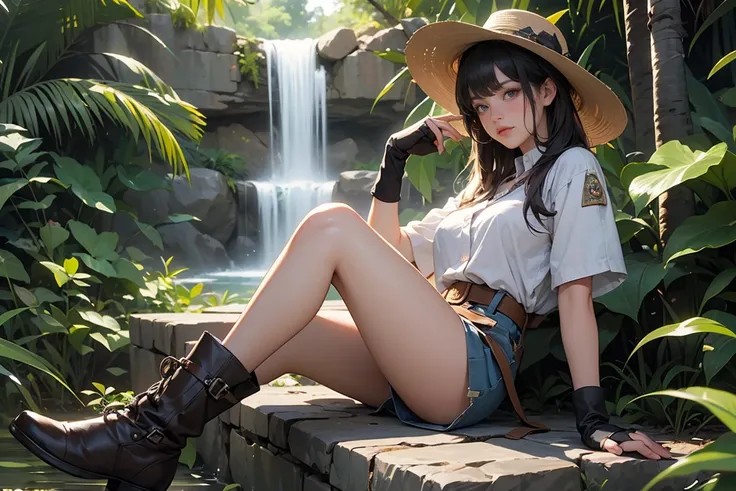 ((Masterpiece, top quality, high resolution)), ((highly detailed CG unified 8K wallpaper)), Jungle Adventure, Female explorer resting at the Mystic Fountain, wearing detailed explorer costume, wide-brimmed explorer hat, fingerless gloves, leather boots,