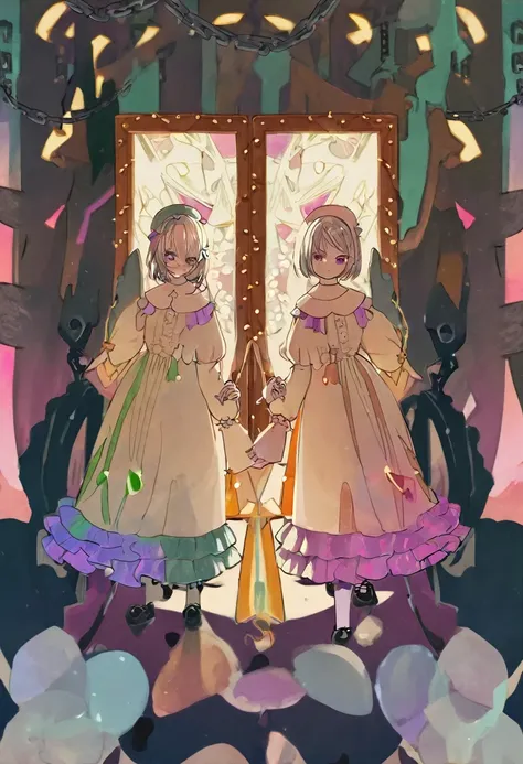 score_9, score_8_up, score_7_up, score_6_up, character concept art of two twins holding hands, lolita fashion, split white and b...