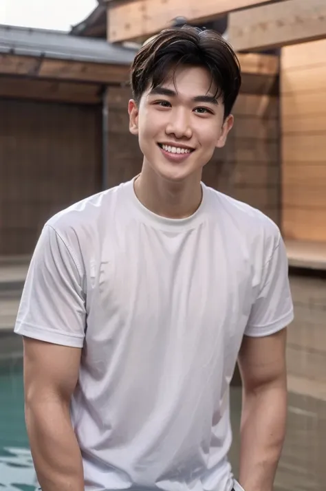 young man 20 years old , (ทรงผมแบบ crew cut: 1.3 ), black hair, short hair details, burly handsome man , white t-shirt ,white sw...