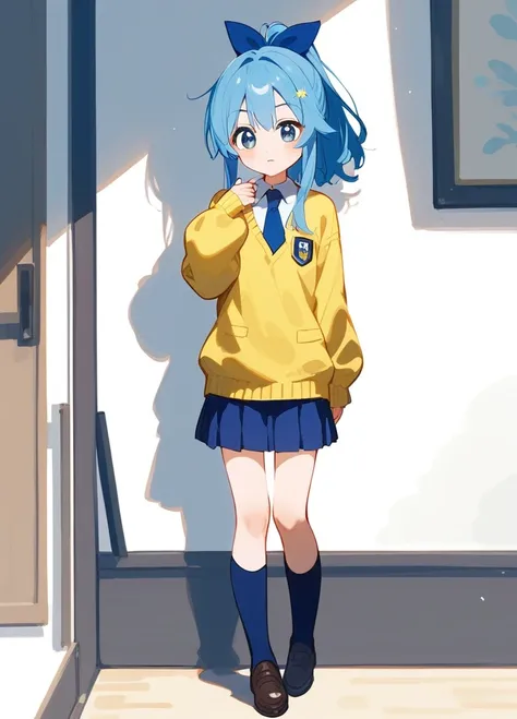 A cute girl with blue hair in a ponytail、Standing in her uniform with sparkling blue eyes。She is wearing a blue tie、She wears a yellow sweater over her uniform.。In a full-body standing picture、Anime Styleのかわいらしいイラストになっています。solo, The bangs are straight down...