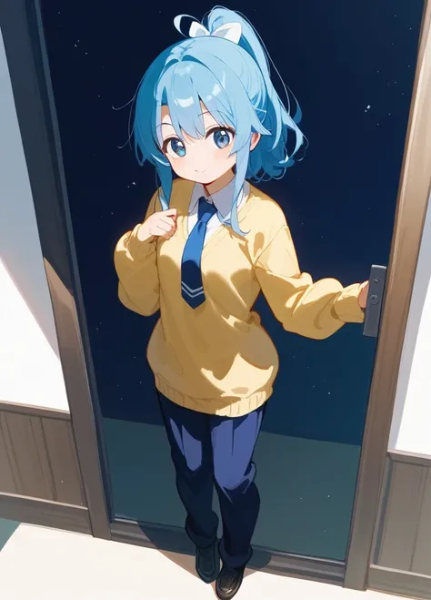 A cute girl with blue hair in a ponytail、Standing in her uniform with sparkling blue eyes。She is wearing a blue tie、She wears a yellow sweater over her uniform.。In a full-body standing picture、Anime Styleのかわいらしいイラストになっています。solo, The bangs are straight down...