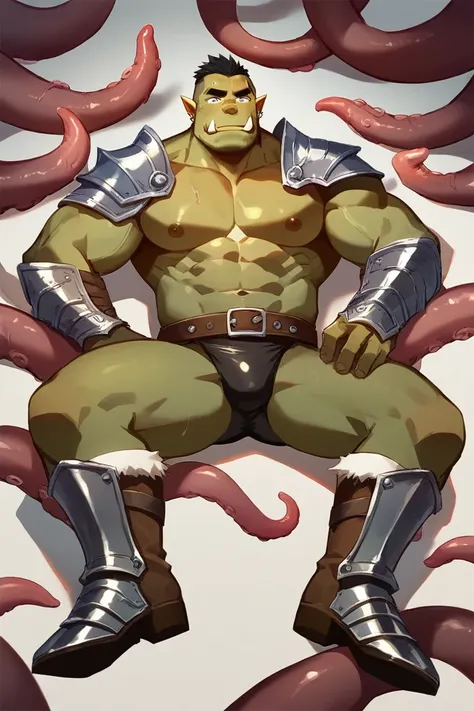 score_9, score_8_up, score_7_up, solo, male focus, muscle male, orc, green skin, tusks, nipples , micro armor , shoulder armor , strip club , (( damaged black tight )) , ((( arouse by tentacles ))) , full body , armor boots , laying spread legs , tear , as...