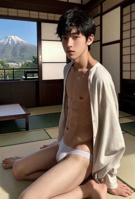 One boy、Beautiful Boy、18-year-old、Japanese Boy、Beautiful Boy、Black Hair、Tatami room、White briefs、Landscape、slouch