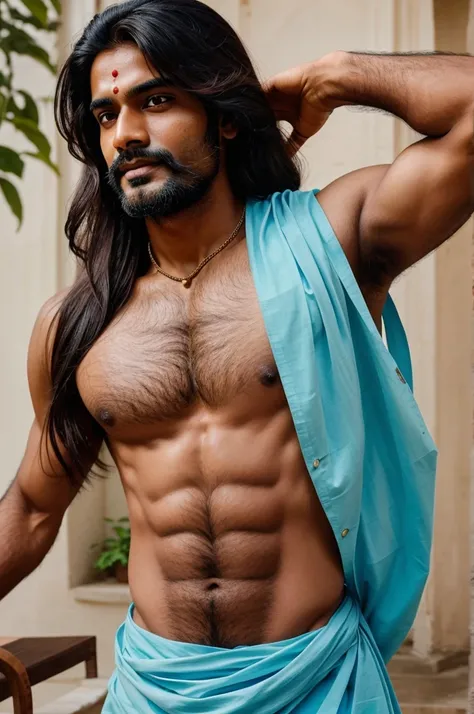 Aacharya chandkya a indian face man age clear face and body line good macular body long hair flyung in to the air 