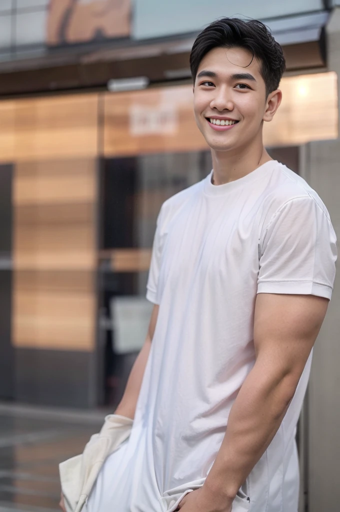 young man 20 years old , (ทรงผมแบบ crew cut: 1.3 ), black hair, short hair details, burly handsome man , white t-shirt ,white sw...