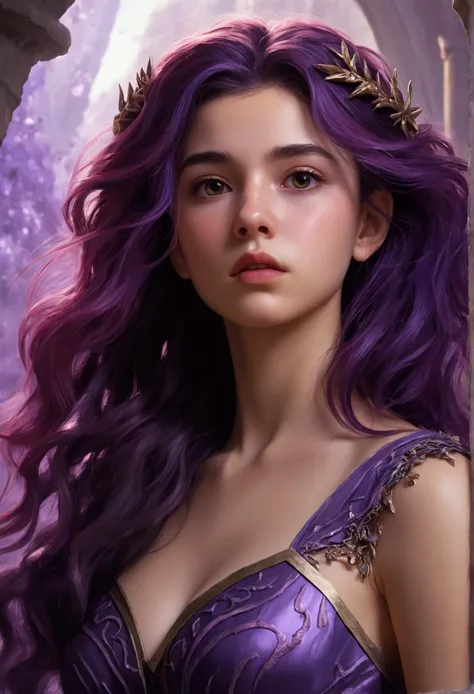 Zerg Queen Beautiful Girl: Lanlinger, 18 years old, with messy dark purple hair, depicted in an oil painting style. She has a beautiful perfect face, soft skin, with light violet and red hues added. Lanlinger is wearing a purple dress and has a worried loo...