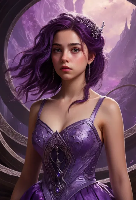 Zerg Queen Beautiful Girl: Lanlinger, 18 years old, with messy dark purple hair, depicted in an oil painting style. She has a beautiful perfect face, soft skin, with light violet and red hues added. Lanlinger is wearing a purple dress and has a worried loo...