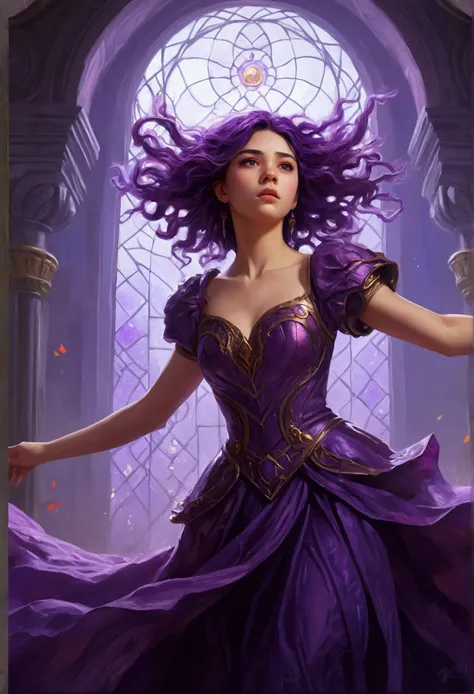 Zerg Queen Beautiful Girl: Lanlinger, 18 years old, with messy dark purple hair, depicted in an oil painting style. She has a beautiful perfect face, soft skin, with light violet and red hues added. Lanlinger is wearing a purple dress and has a worried loo...