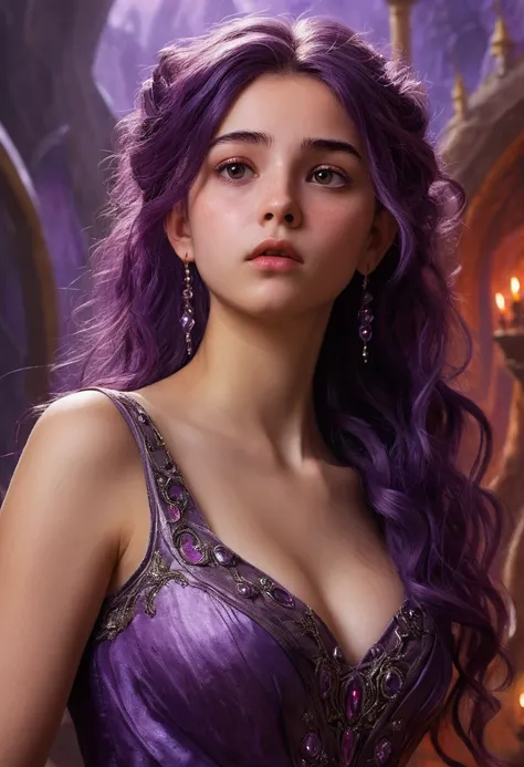 Zerg Queen Beautiful Girl: Lanlinger, 18 years old, with messy dark purple hair, depicted in an oil painting style. She has a beautiful perfect face, soft skin, with light violet and red hues added. Lanlinger is wearing a purple dress and has a worried loo...