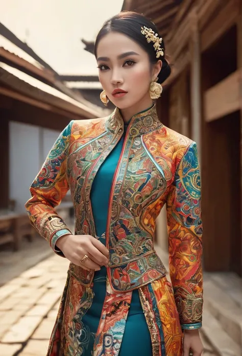 an indonesian-styled futuristic suit worn by a girl depicting cultural fusion and modern fashion. the suit is adorned with intri...