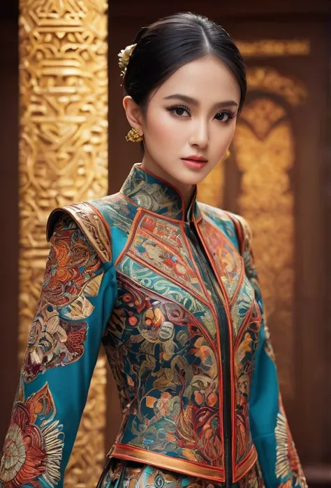 An Indonesian-styled futuristic suit worn by a girl depicting cultural fusion and modern fashion. The suit is adorned with intricate patterns and vibrant colors, showcasing the rich heritage of Indonesia. The girl stands confidently in a dynamic pose, with...