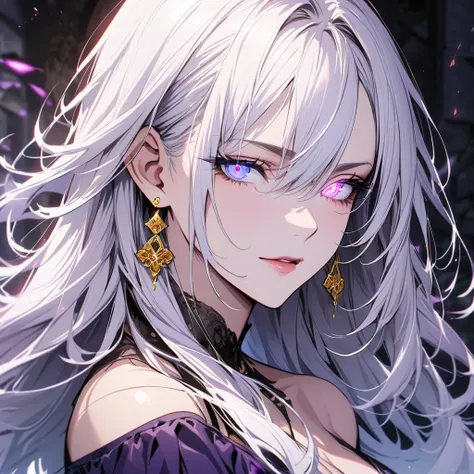 woman, long hair, white hair, mature, god eyes, diamond earings, two colors eyes, one blue eye, one purple eye, glowing eyes, beautiful, detailed