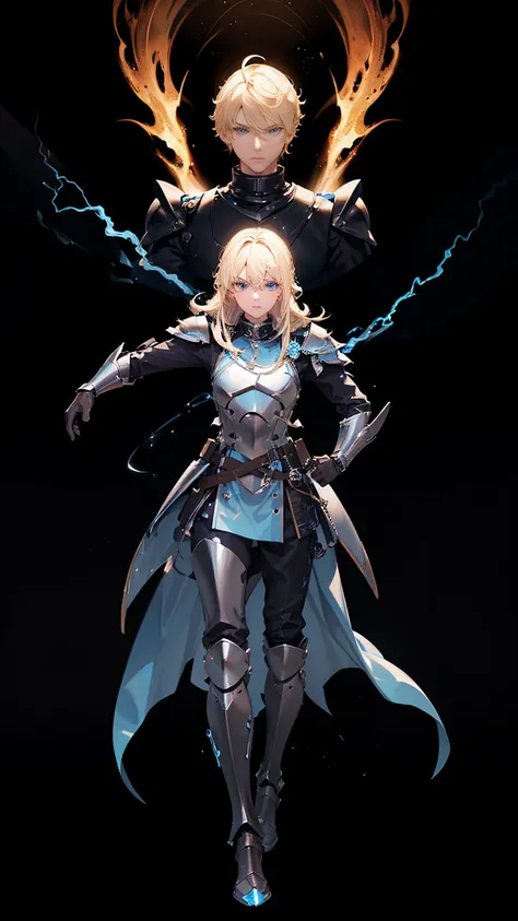 18 years old, blond hair, flowing blond hair, blue eyes, in a full body black armor, futuristic, masterpiece, high quality, with a lightning energy in hand, shoulders exposed, gloves, ready to fight pose, 4k, overhead view