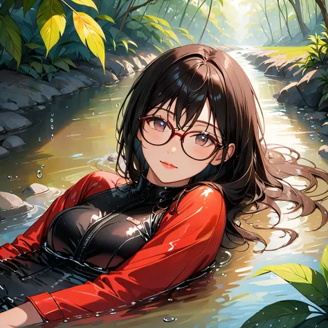 Half-length photo of a mature beauty，Black Hair，wearing glasses，Slender figure，Wearing a wet red and black diving suit，She lay in the creek，There are a lot of water droplets on the body，Background rainforest。Warm colors,