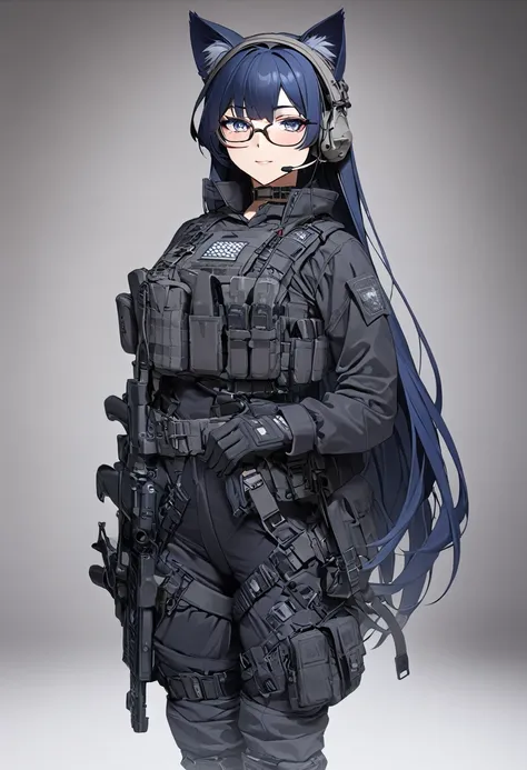 8k ultra high-quality, ultra-detailed, high quality, dark blue hair, long hair, headset, goggles, cat girl, grey tactical clothe...