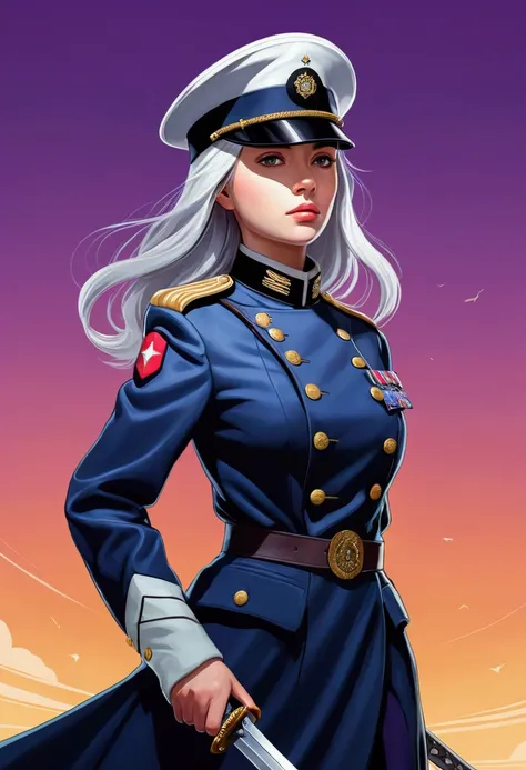 This image was created by MSchiffer、Digital illustration with dynamic dark lines in a cel-shaded style.。, Expresses the incredible beauty of young adult women, A person wearing military uniform. Has a big sword, She has grayish white hair, Wearing a milita...