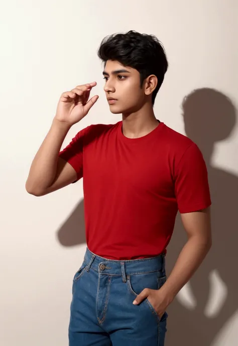 A 20 years old Indian boy wearing red t shirt , he is handsome , fair skintoned
He is talking to someone on touch screen phone 
Please provide cartoon style image and full body wide image