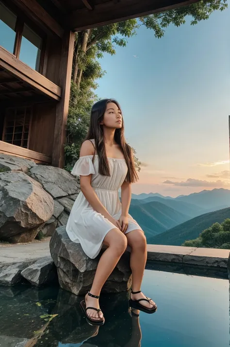 1girl, instrument, playing_instrument, scenery, music, solo, outdoors, sitting, sandals, cloud, holding_instrument, mountain, dress, reflection, sky, water, tree, holding, brown_hair, rock, long_hair, white_dress, evening, wide_shot, sunset, bug, butterfly...