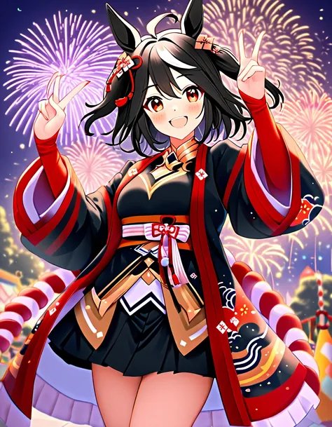 ultra-high resolution, highest quality, 8k,horse girl,kitasan black,162 cm,bust 85,waist 56,hip 88,festivals,firework,a happy sm...