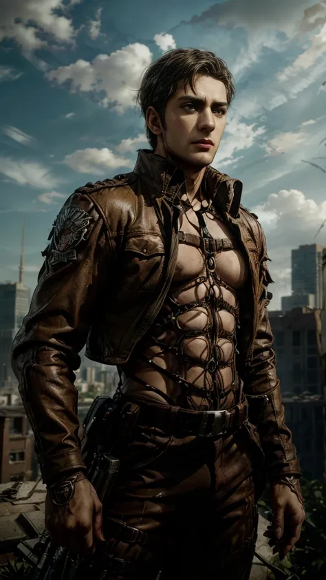 (Highest quality, Ultra HD, 16k, Masterpiece) Mahesh Babu, as a character from Attack on Titan, stands at the forefront of a lush, metropolis city backdrop, reminiscent of a futuristic urban jungle. The scene is a close-up shot, capturing both the protagon...