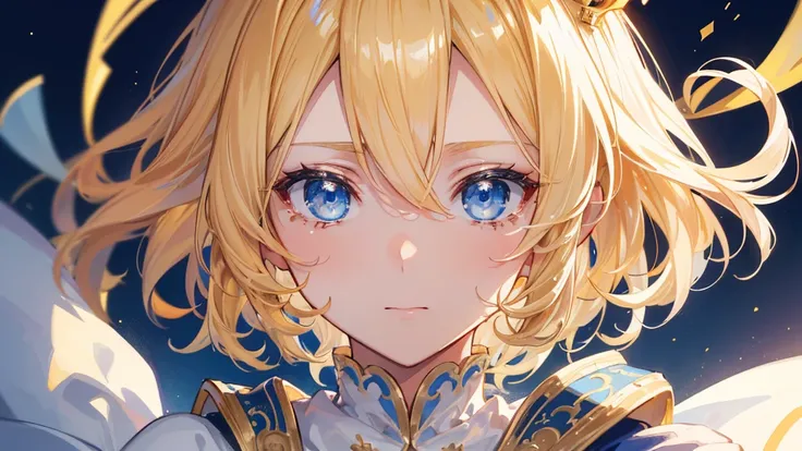 (Highest quality)　(4K)　(8k)　(High resolution)　(masterpiece:1.2)　(Super detailed)　One boy　short hair　Wizard　Blue Eyes　Long sleeve　Golden decoration　Hair between the eyes　White Dress　Wavy golden hair　Upper Body　(large crown)　(White Background)　profile　Face c...