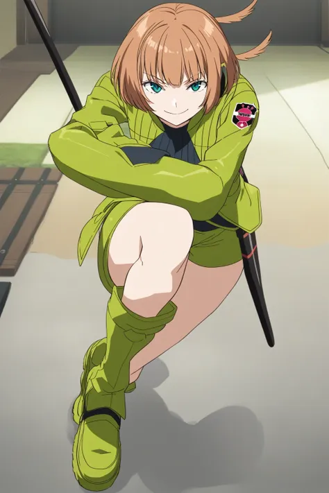 konami,one girl,smile, view your viewers, green jacket, gloves, green shorts,green footwear,