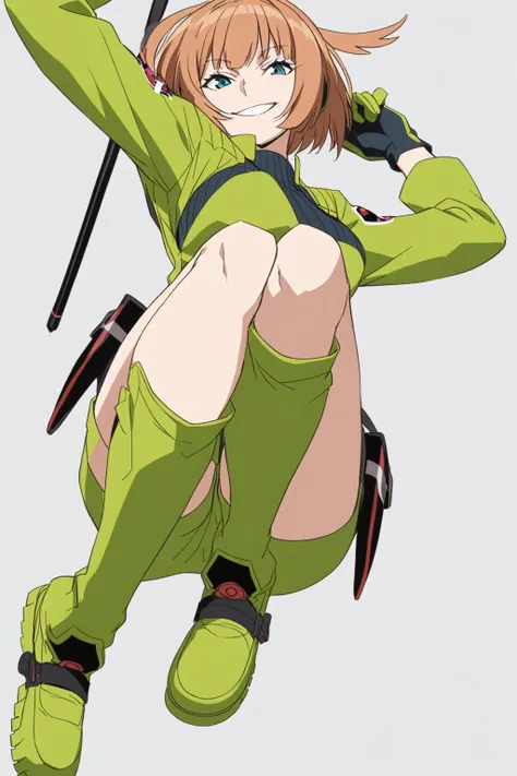 konami,one girl,smile, view your viewers, green jacket, gloves, green shorts,green footwear,