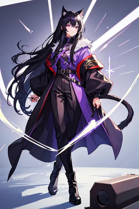 Black Hair少年，Around fifteen years old，Black Hair，Cat ear，Cat tail，Purple cloak，Heterochromia，Red left eye，Blue right eye，White shirt，Purple cloak，Standing，whole body，For the audience，White background，masterpiece，HD，4K，Detailed facial depiction，Black trouse...