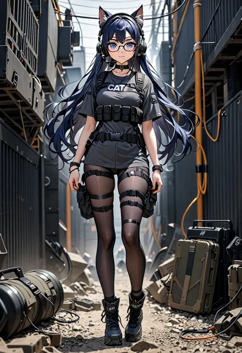 8K Ultra High-Quality, ultra-detailed, High quality, Dark Blue hair, Long hair, Headset, Goggles, cat girl, Grey Tactical clothes, Military clothes, black tight t shirt, body harness, Looking at viewer, choker, glasses, full body