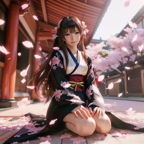 anime girl sitting on the ground in a kimono outfit, sakura petals around her, 3 d anime realistic, anime wallpaper 4 k, anime wallpaper 4k, anime style 4 k, 4k anime wallpaper, realistic anime 3 d style, beautiful anime girl, 3d anime girl, beautiful allu...