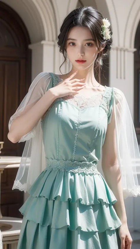 ((high quality work)), The writing is clear and concise, The green dress and the beautiful pleated lace complement each other., Enriching the layered feel of the entire picture, The elegant Edwardian lace dress and princess skirt add a lot of charm to the ...