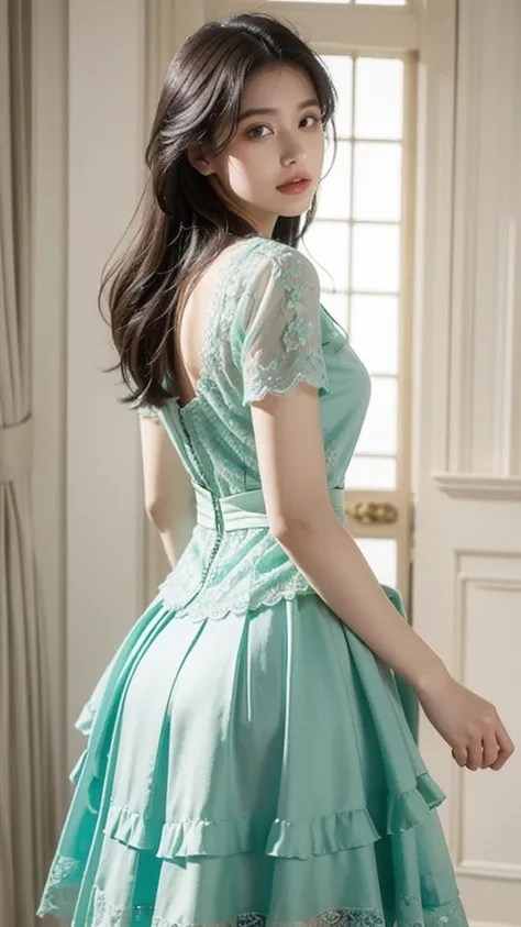 ((high quality work)), The writing is clear and concise, The green dress and the beautiful pleated lace complement each other., Enriching the layered feel of the entire picture, The elegant Edwardian lace dress and princess skirt add a lot of charm to the ...