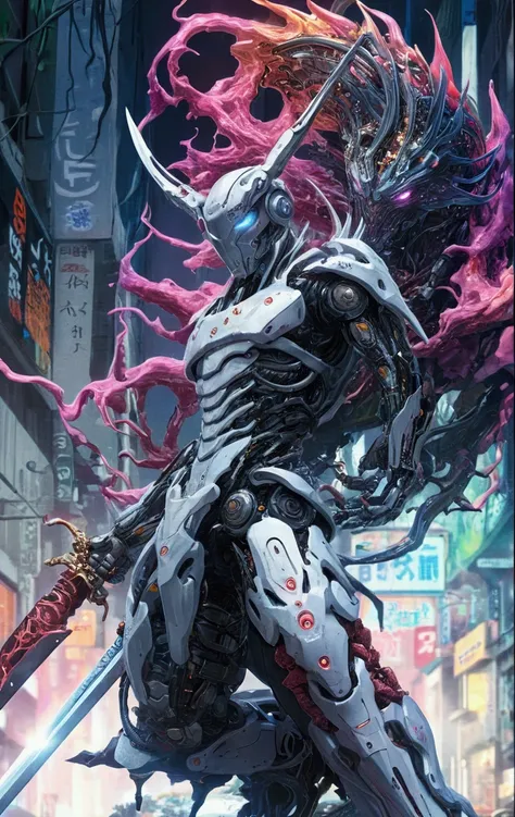 Close-up of a person holding a sword in the street, melted cyborg, A mix of anime robots and organic matter, Best anime 4k konachan wallpaper, Fractal Cyborg Ninja Background, Psychedelic Organic Cyborg, anime abstract art, Fractal Thunder Dan Mumford, Fal...