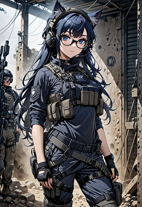 8k ultra high-quality, ultra-detailed, high quality, dark blue hair, long hair, headset, goggles, cat girl, grey tactical clothe...