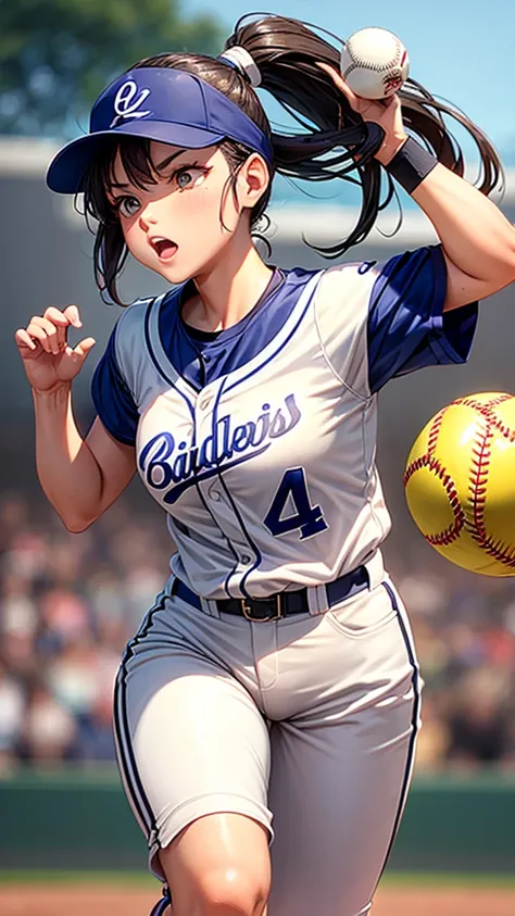 A woman with a ponytail is wearing a baseball uniform and throwing a ball as a pitcher