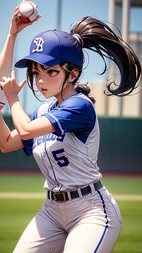 A woman with a ponytail is wearing a baseball uniform and throwing a ball as a pitcher