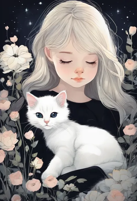 Une  fille et un chaton blanc moelleux, fleurs, dormir, longs cheveux noirs, nuit, ciel étoilé