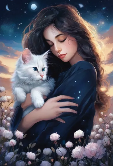 Une  fille et un chaton blanc moelleux, fleurs, dormir, longs cheveux noirs, nuit, ciel étoilé