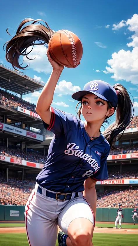 A woman with a ponytail is wearing a baseball uniform and throwing a ball as a pitcher