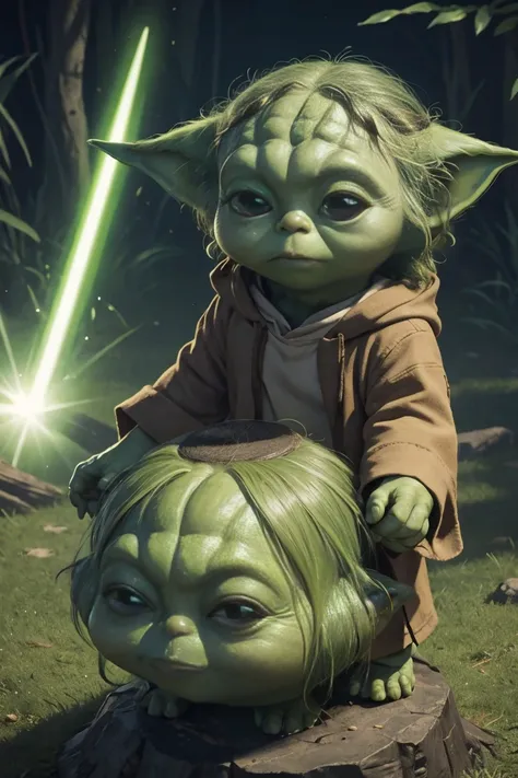 short yoda with a full head of shaggy thick hair