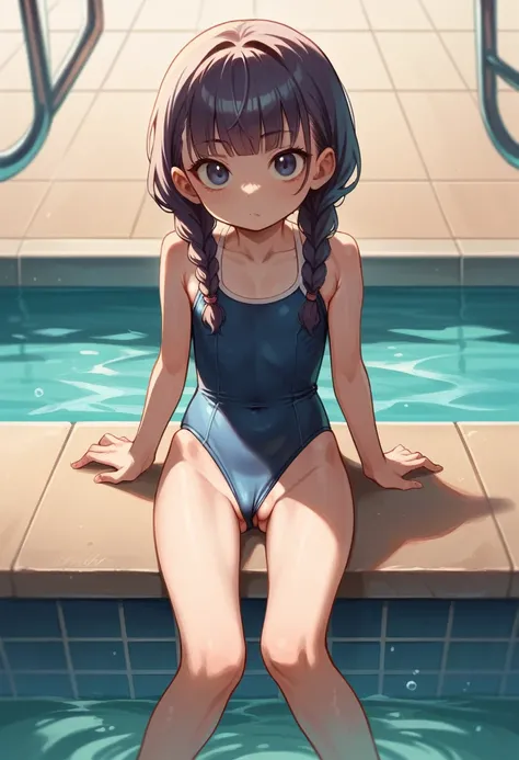 ,(young girl ,short stature,) ,flat chest,nsfw,big head, rotund.one-piece-swimsuit,braid hair, poolside.,sitting,,pussy,looking at viewer, puzzled