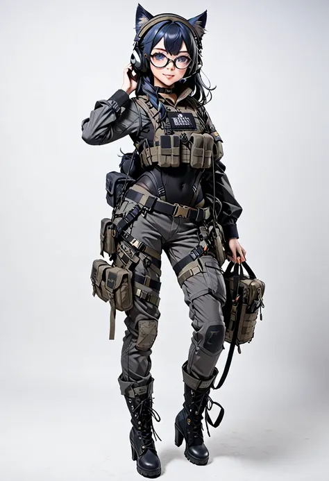 8k ultra high-quality, ultra-detailed, high quality, dark blue hair, long hair, headset, goggles, cat girl, grey tactical clothe...