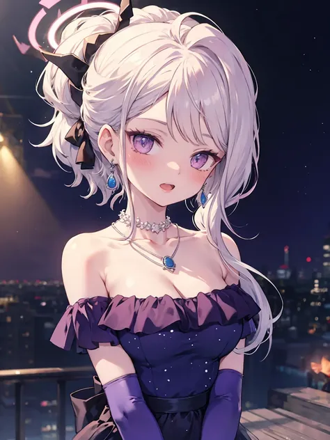 masterpiece,best quality,other, 1 Girl, Solitary, Looking at the audience, blush, open mouth, partedbangs, Hair accessories, Side lock, Ponytail, Elbow gloves, Off-shoulder dress, Halo, **Shoulder, Necklace, necklace, earrings, Alternative clothing, （Huge ...