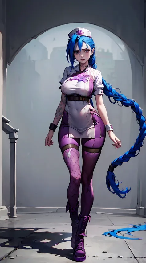 Jinx nurse，Nurses hat，(White Nurse Costume)，red rose tattoo，Blue braid-twisted，run away ，League of Legends ，full body, lesbian，(Wellingtons)),purple ankle leggings),(standing on your feet)，The background is dark and hard，There is a feeling of danger and te...