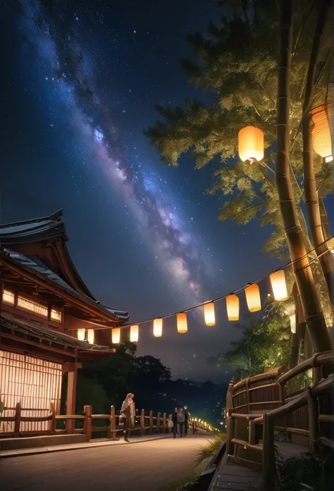 (best quality,4k,8k,highres,masterpiece:1.2),ultra-detailed,(realistic,photorealistic,photo-realistic:1.37),a tanabata festival happening in a night sky with the milky way, trees, and a bridge,festival,night sky,milky way,trees,bridge,fireflies,lanterns,ba...